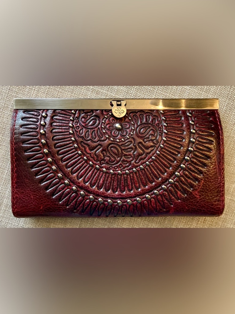 Patricia Nash Deep Burgundy Embossed Leather Wallet with Brass Frame